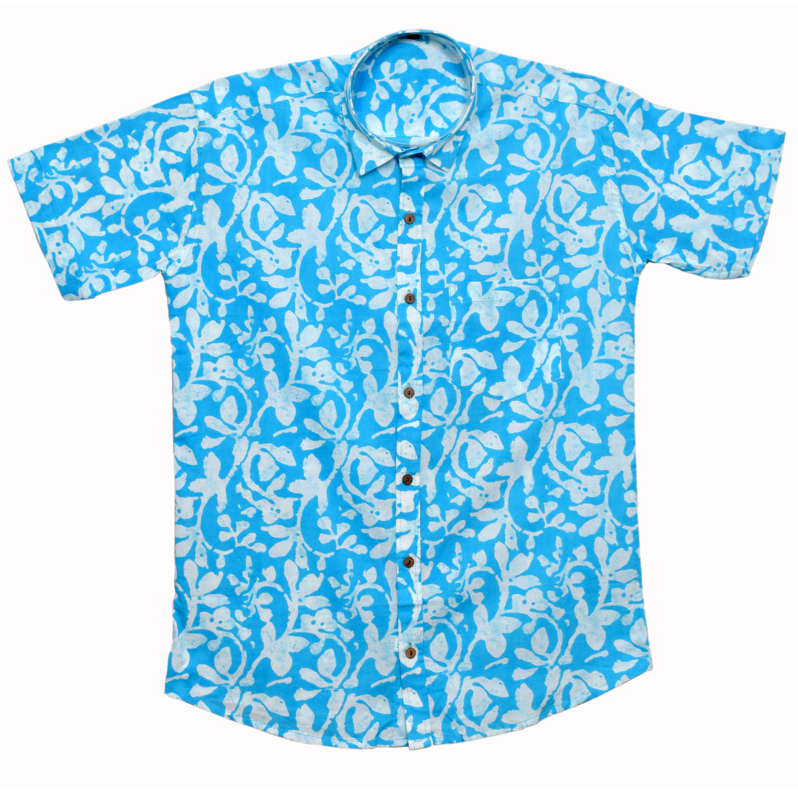 Azure Bloom Blue Batik Floral Print Cotton Shirt - Image 2