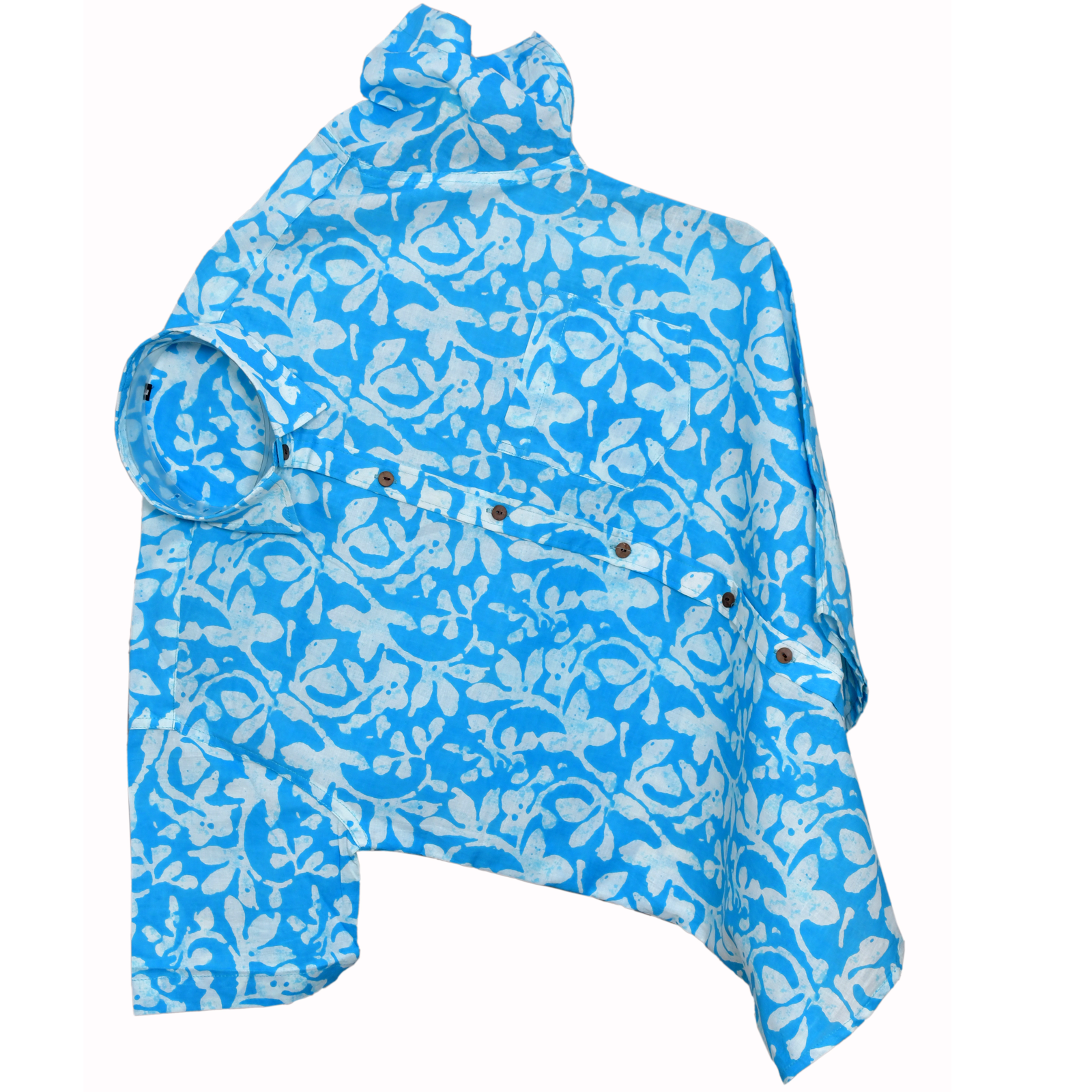 Azure Bloom Blue Batik Floral Print Cotton Shirt - Image 3