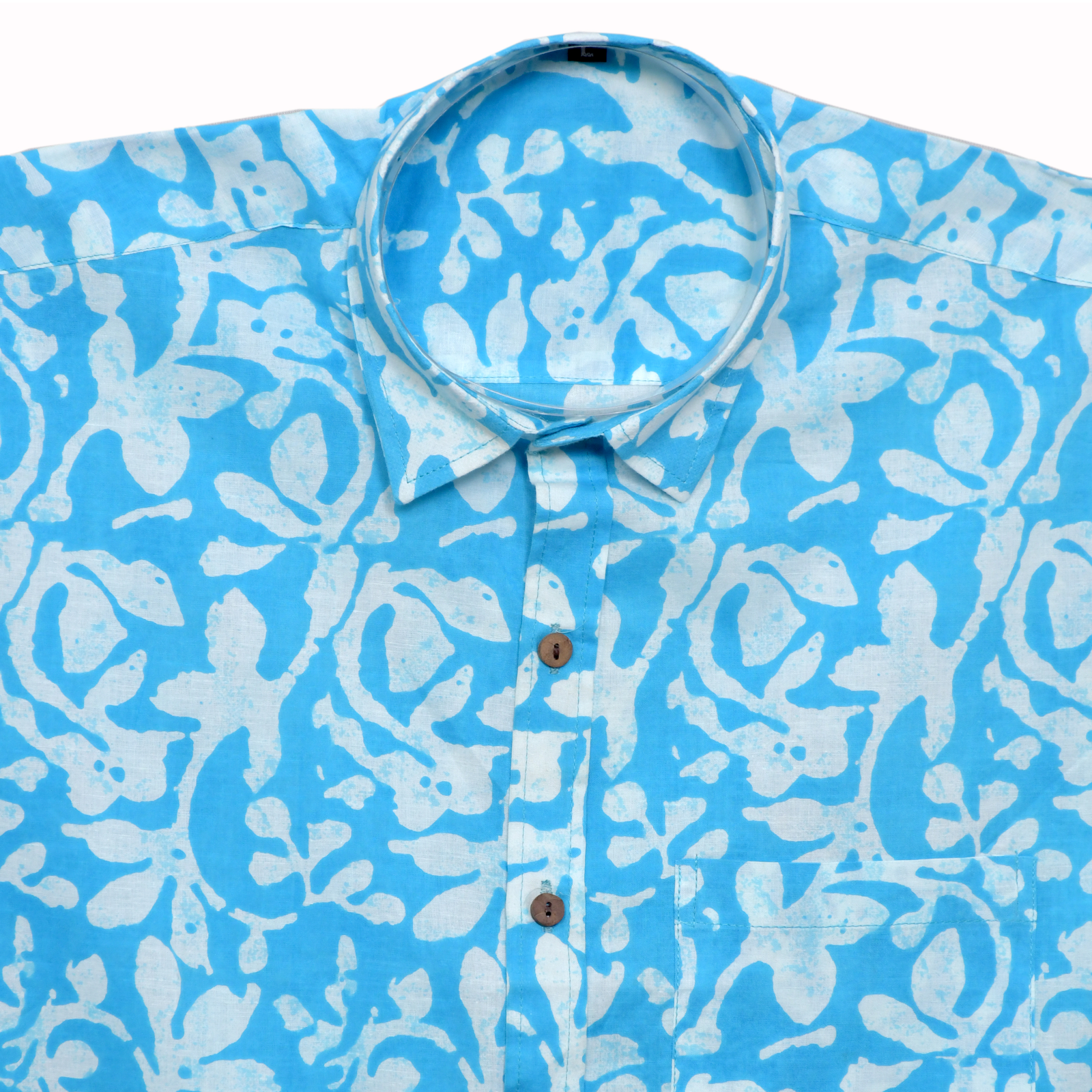 Azure Bloom Blue Batik Floral Print Cotton Shirt - Image 8