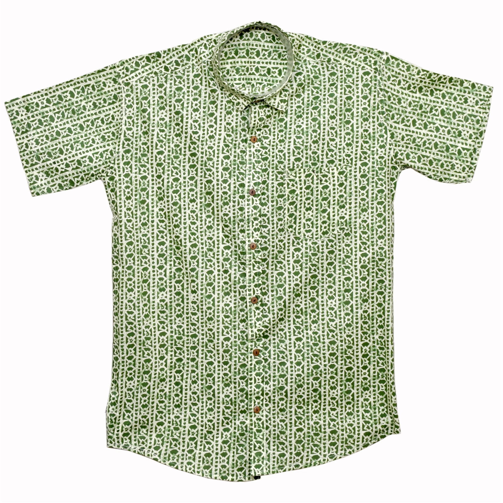 Verdant Lattice Green Geometric Block Print Cotton Shirt