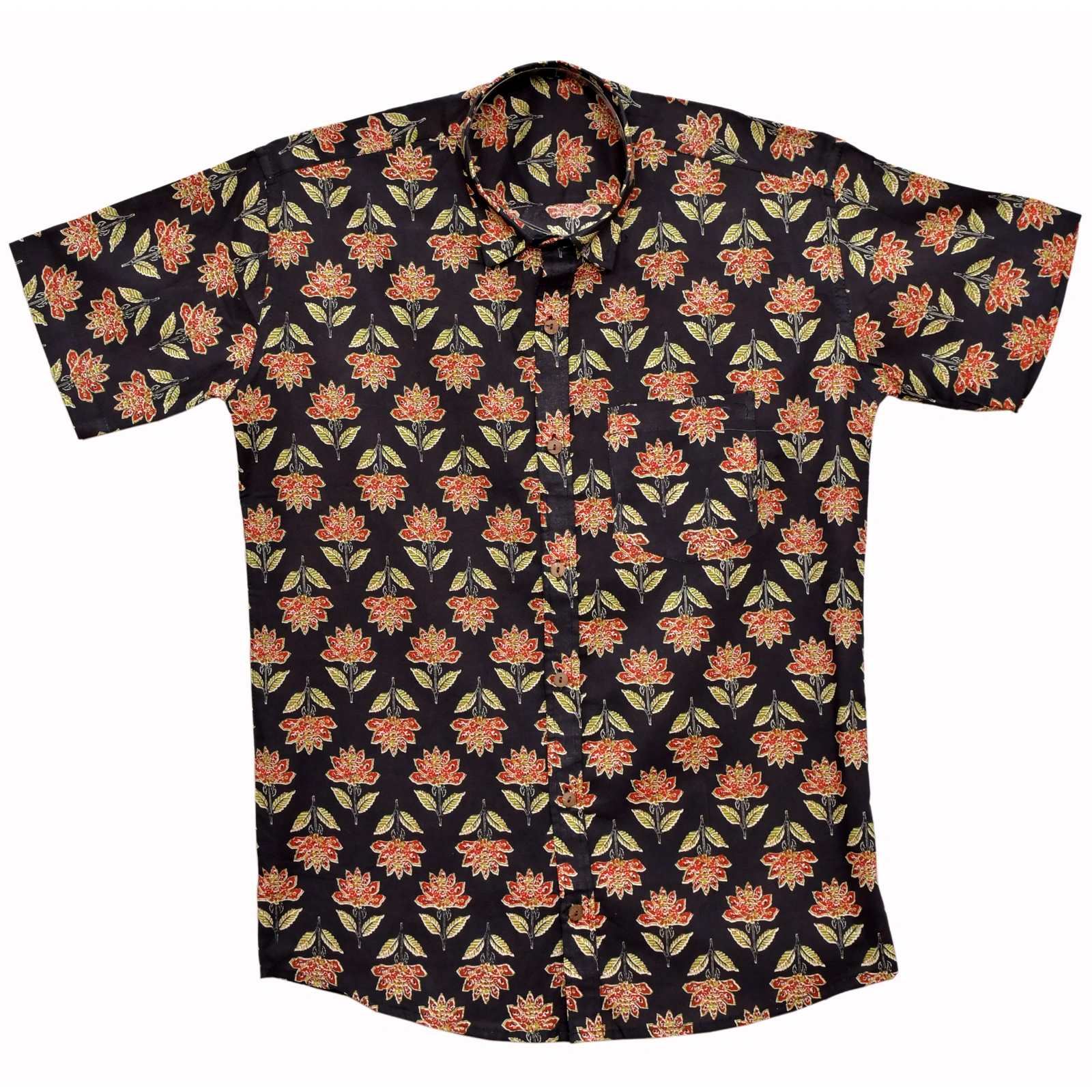 Crimson Garden Black Floral Block Print Cotton Shirt