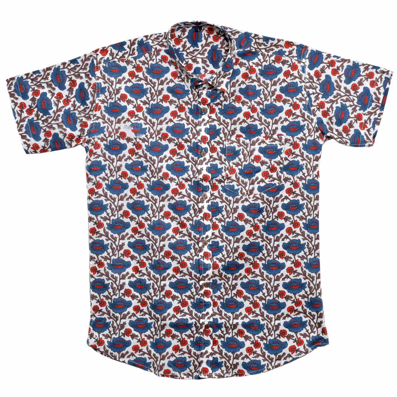 Crimson Bloom White Cotton Hand Block Printed Shirt